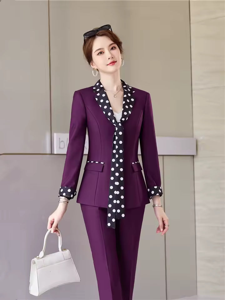 Elegant Double Breasted Scarf Collar Office Blazer and Pants 2 Pieces Outfits