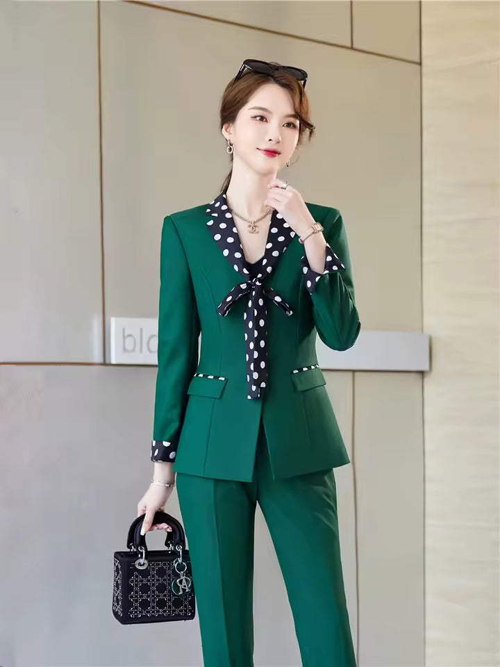 Elegant Double Breasted Scarf Collar Office Blazer and Pants 2 Pieces Outfits