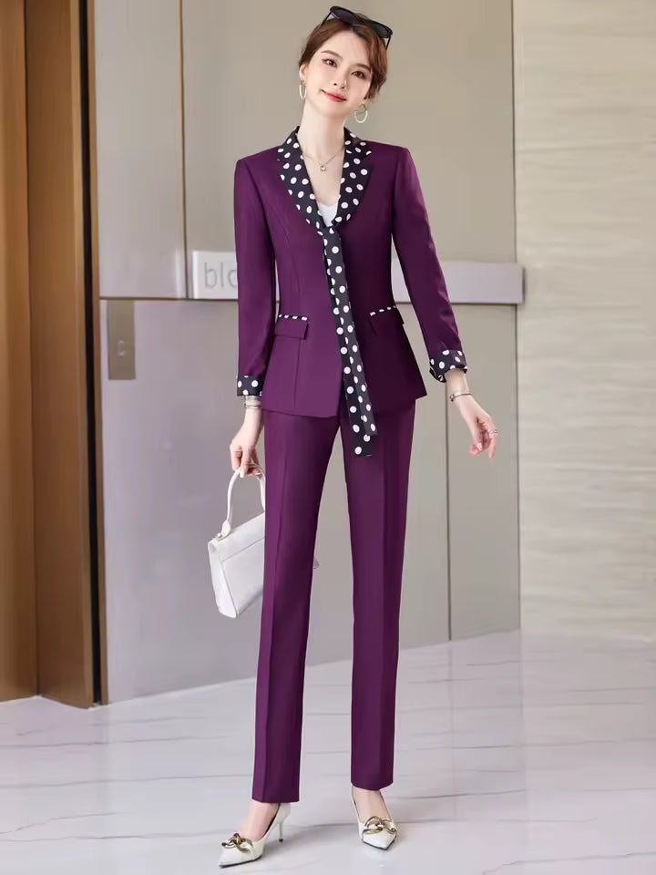 Elegant Double Breasted Scarf Collar Office Blazer and Pants 2 Pieces Outfits