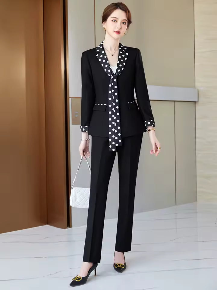 Elegant Double Breasted Scarf Collar Office Blazer and Pants 2 Pieces Outfits