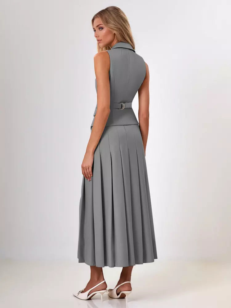 Elegant Double-breasted Lapel Vest And Pleated Long Skirt Two Piece Set
