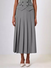 Elegant Double-breasted Lapel Vest And Pleated Long Skirt Two Piece Set