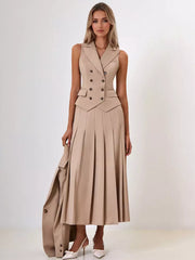 Elegant Double-breasted Lapel Vest And Pleated Long Skirt Two Piece Set