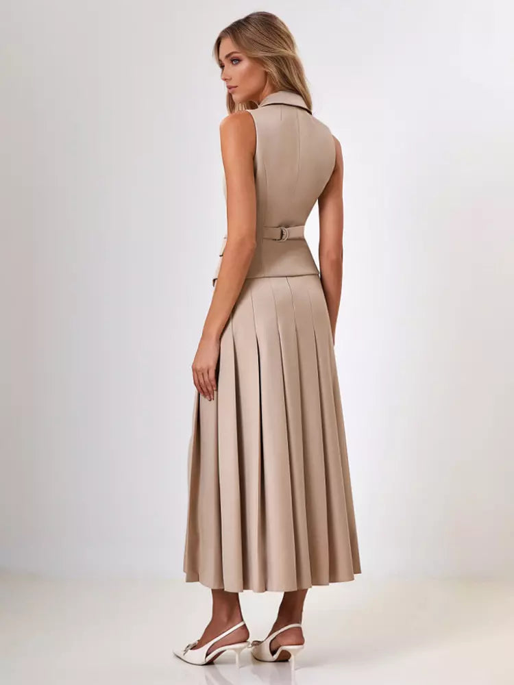 Elegant Double-breasted Lapel Vest And Pleated Long Skirt Two Piece Set