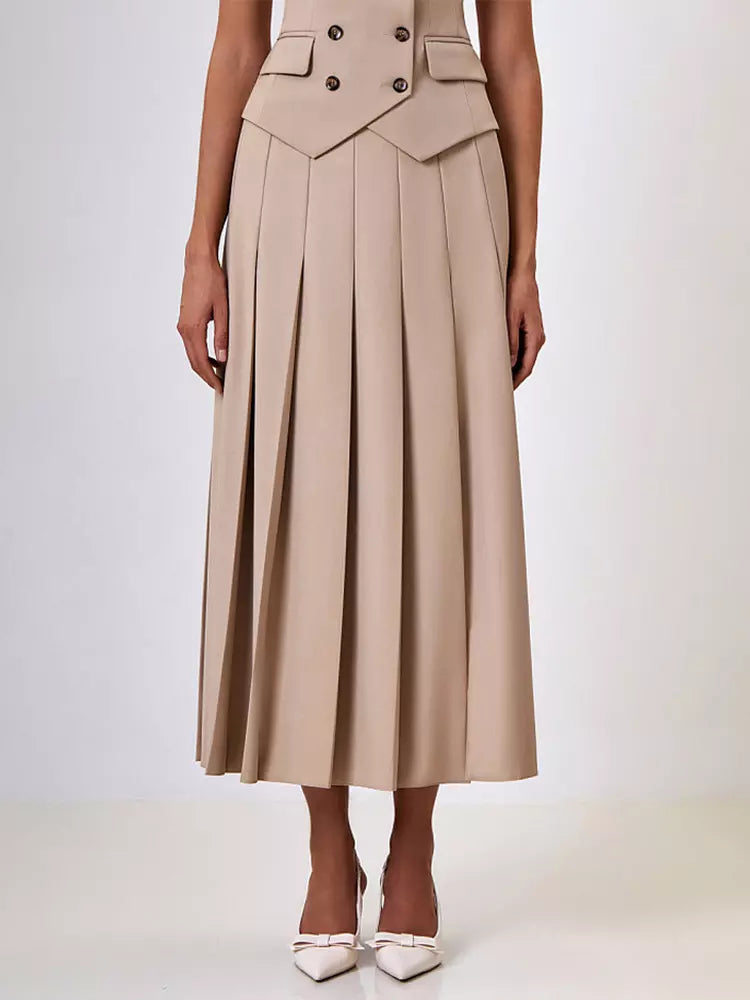 Elegant Double-breasted Lapel Vest And Pleated Long Skirt Two Piece Set