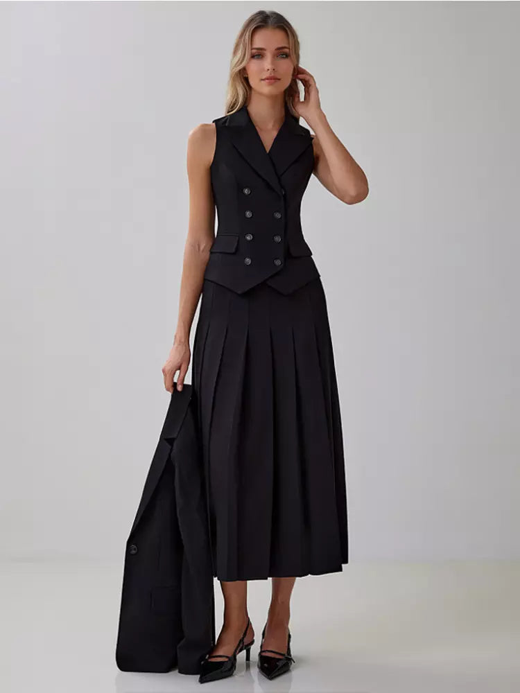 Elegant Double-breasted Lapel Vest And Pleated Long Skirt Two Piece Set