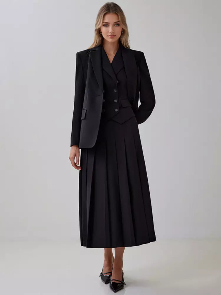 Elegant Double-breasted Lapel Vest And Pleated Long Skirt Two Piece Set