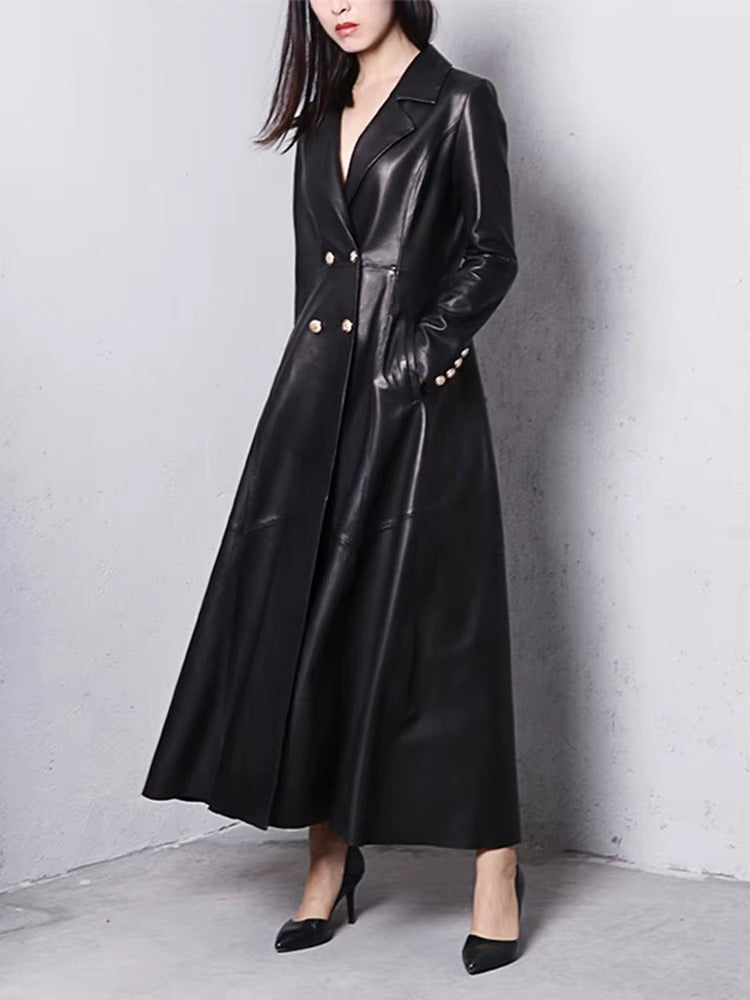 Elegant Faux Leather Double Breasted Full Sleeve Office Lady Trench Coat