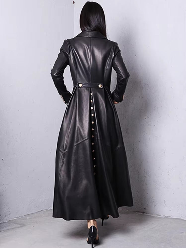 Elegant Faux Leather Double Breasted Full Sleeve Office Lady Trench Coat