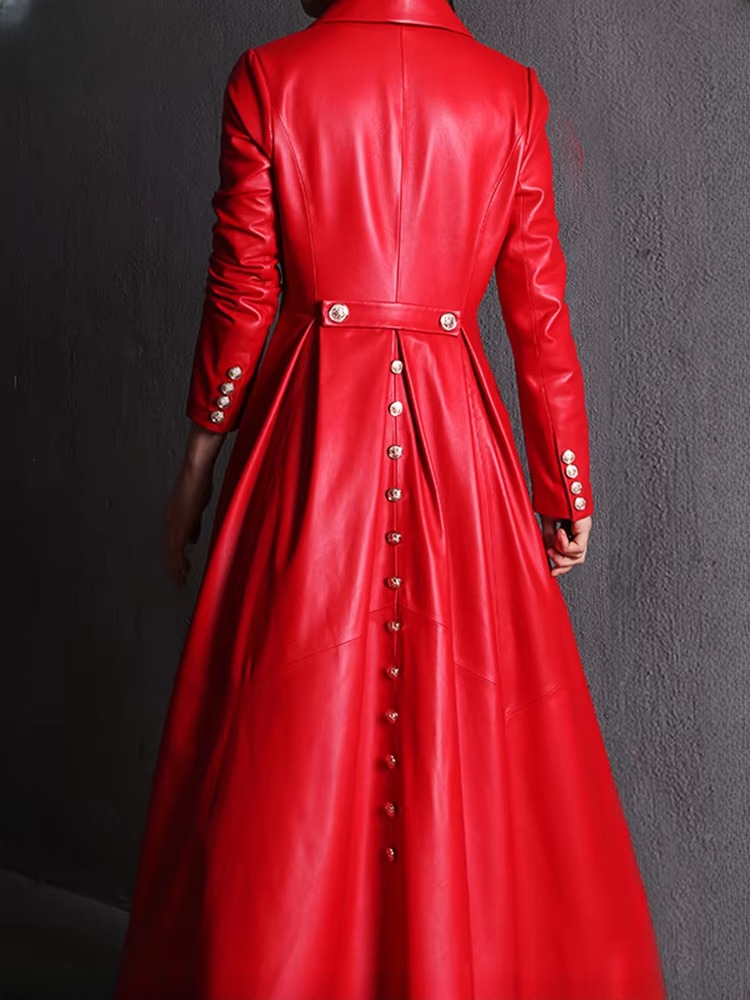 Elegant Faux Leather Double Breasted Full Sleeve Office Lady Trench Coat