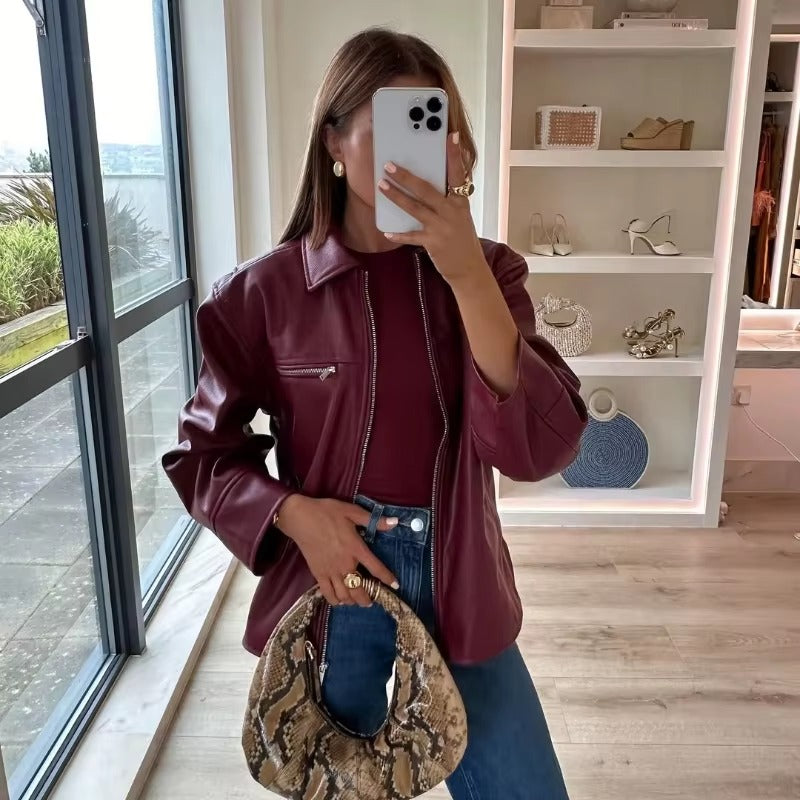 Elegant Faux Leather Lapel Zipper Long Sleeve Street Outwear Jackets