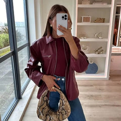 Elegant Faux Leather Lapel Zipper Long Sleeve Street Outwear Jackets