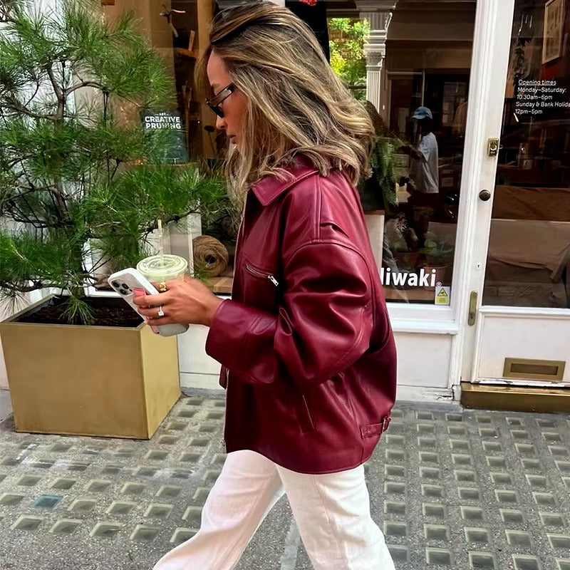 Elegant Faux Leather Lapel Zipper Long Sleeve Street Outwear Jackets