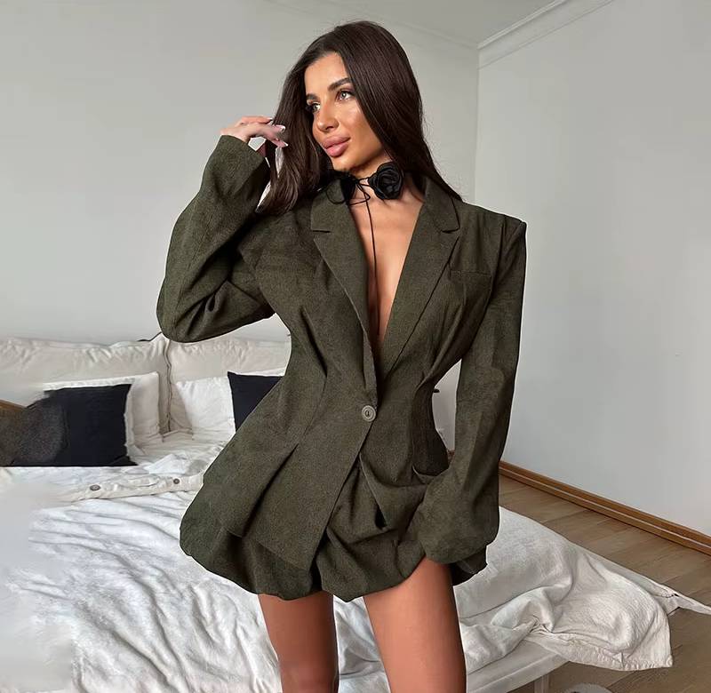 Elegant Flower Bud V-Long Sleeve Single Button Slim Blazer Mini Skirt 2 Piece Set