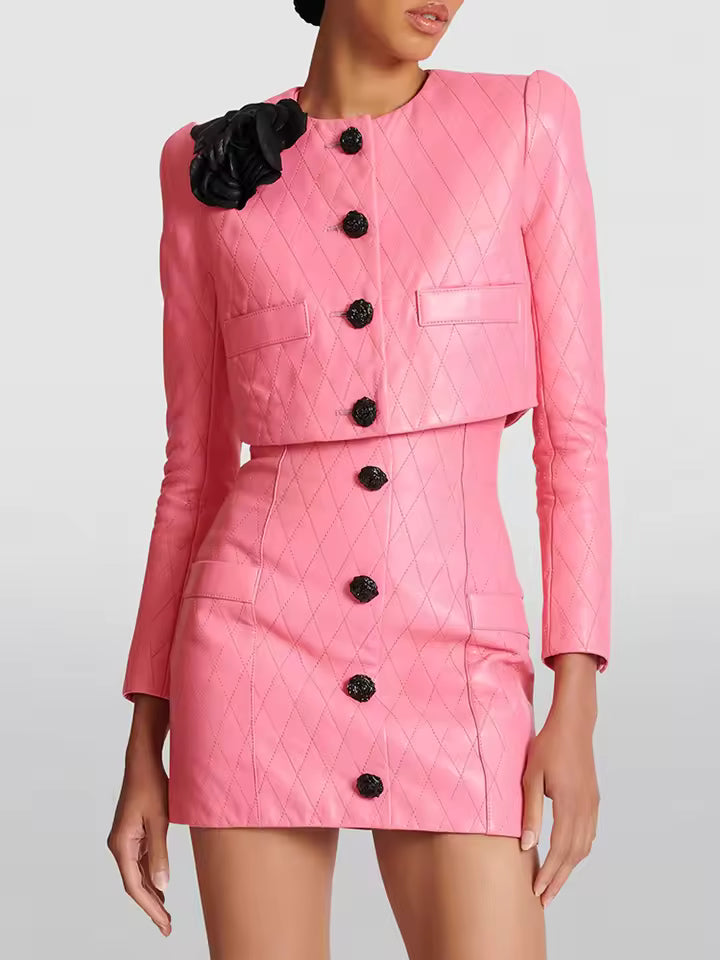 Elegant Flower Decoration Leather Jacket With Mini Skirt 2 Pieces Set