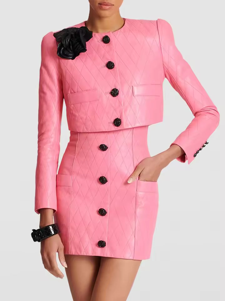 Elegant Flower Decoration Leather Jacket With Mini Skirt 2 Pieces Set
