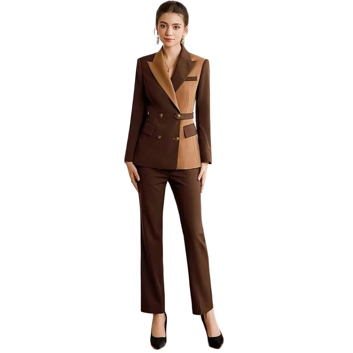 Elegant Formal Double Breasted Peak Lapel Business Blazer Office Lady Slim Fit 2 Piece Suits
