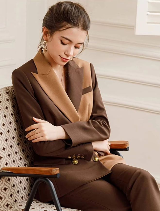 Elegant Formal Double Breasted Peak Lapel Business Blazer Office Lady Slim Fit 2 Piece Suits