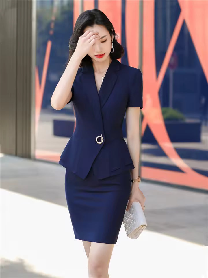 Elegant Formal Lantern Sleeve Blazer And Skirt 2 Piece Suit