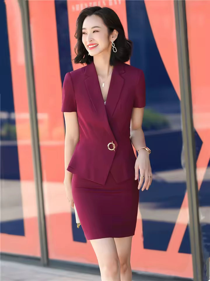 Elegant Formal Lantern Sleeve Blazer And Skirt 2 Piece Suit