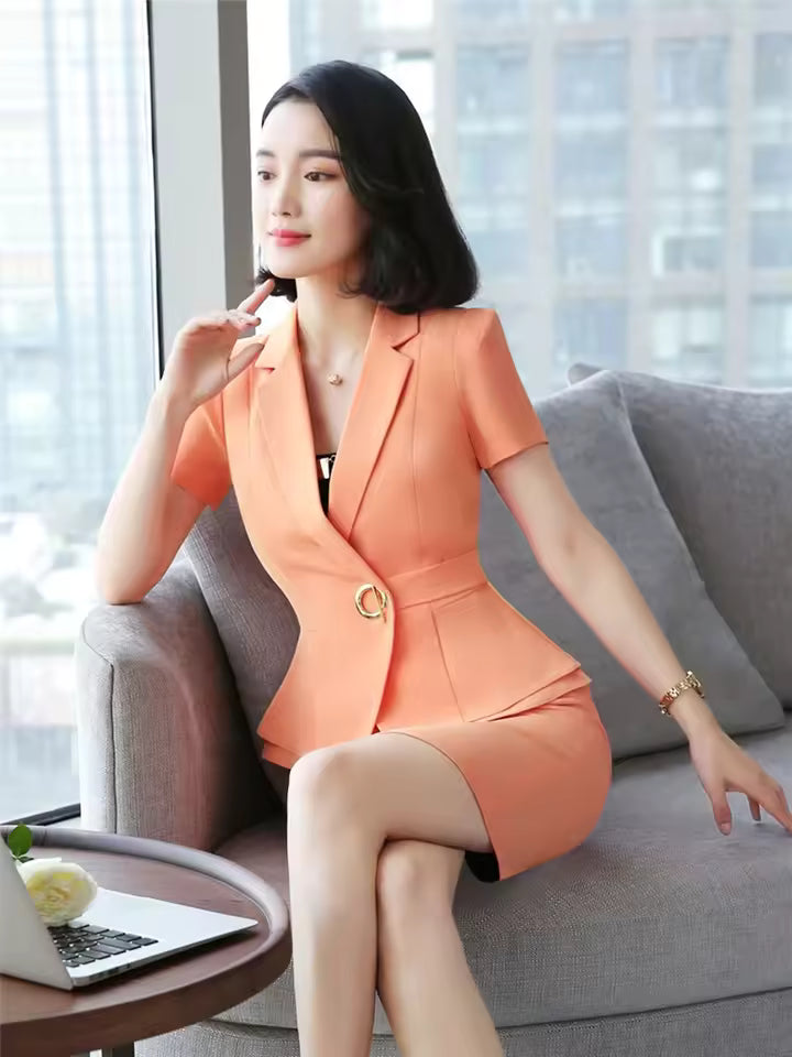 Elegant Formal Lantern Sleeve Blazer And Skirt 2 Piece Suit