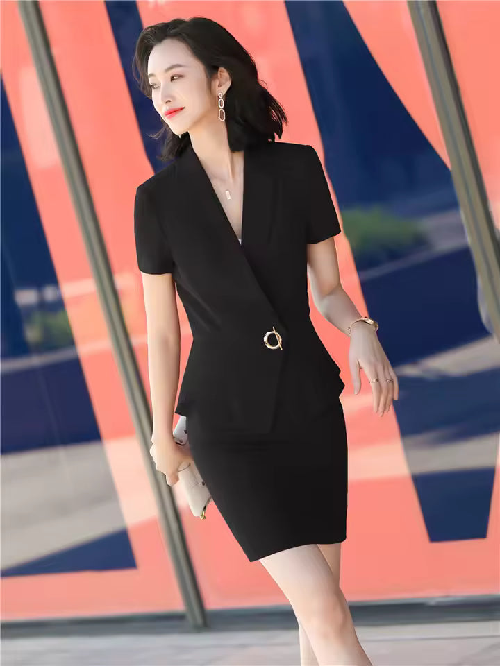 Elegant Formal Lantern Sleeve Blazer And Skirt 2 Piece Suit