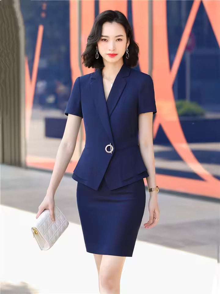 Elegant Formal Lantern Sleeve Blazer And Skirt 2 Piece Suit