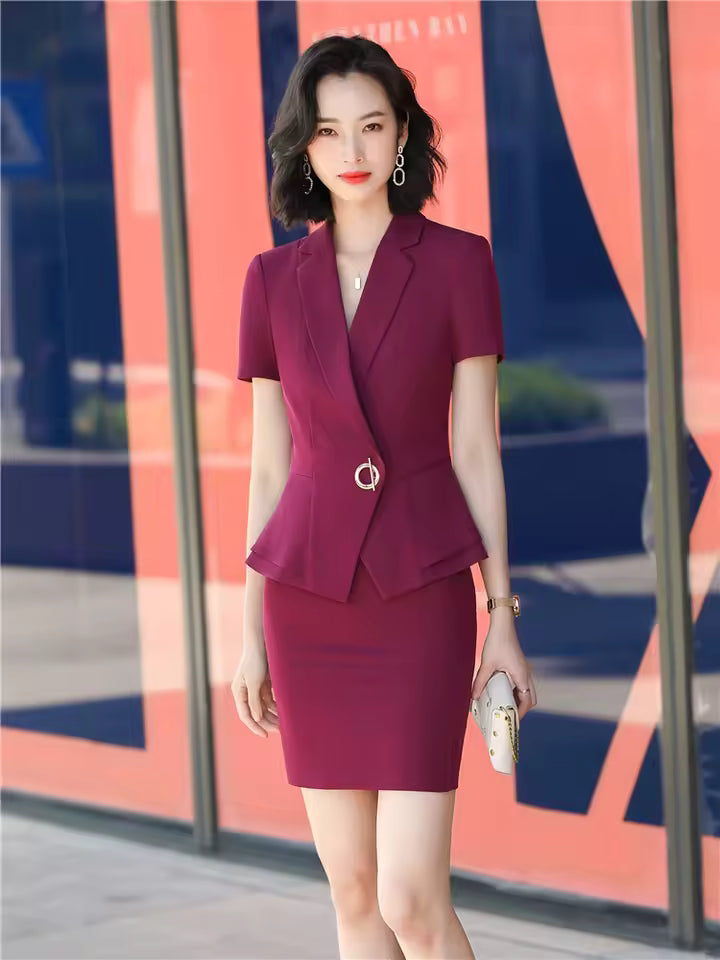 Elegant Formal Lantern Sleeve Blazer And Skirt 2 Piece Suit
