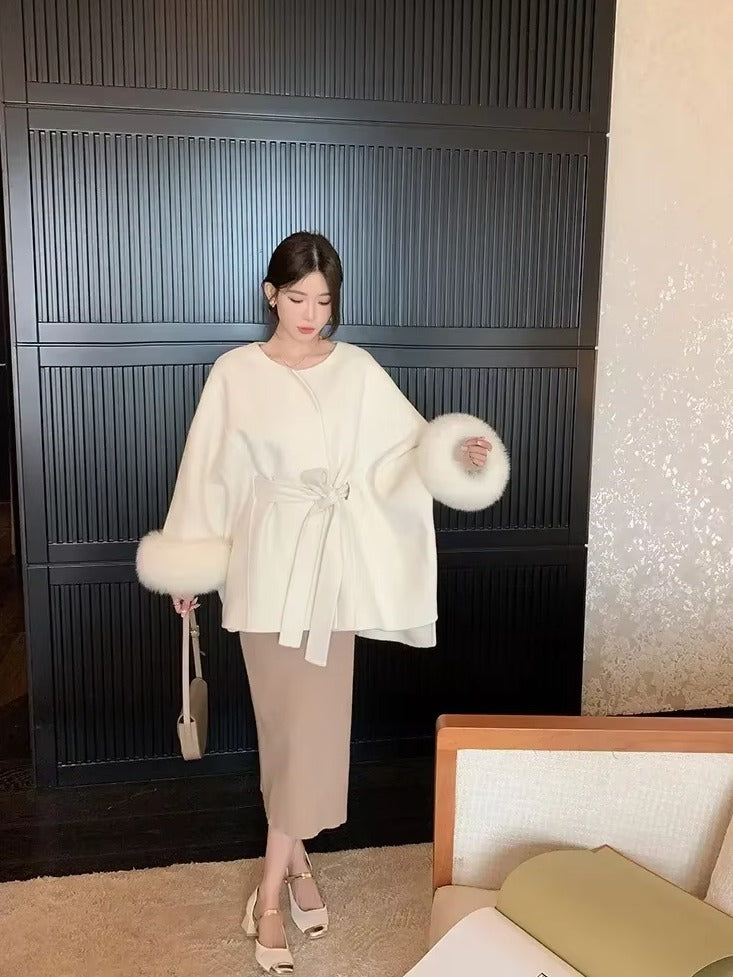Elegant Fox Fur Collar Nine-quarter Sleeve Long Loose Belt Wool Office Lady Coat