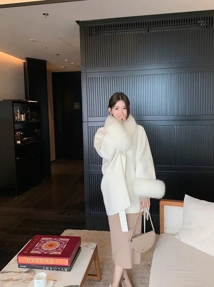 Elegant Fox Fur Collar Nine-quarter Sleeve Long Loose Belt Wool Office Lady Coat