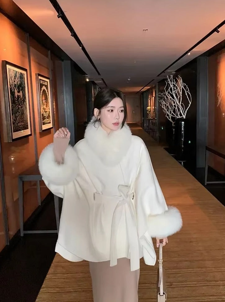 Elegant Fox Fur Collar Nine-quarter Sleeve Long Loose Belt Wool Office Lady Coat