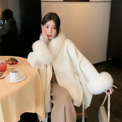 Elegant Fox Fur Collar Nine-quarter Sleeve Long Loose Belt Wool Office Lady Coat