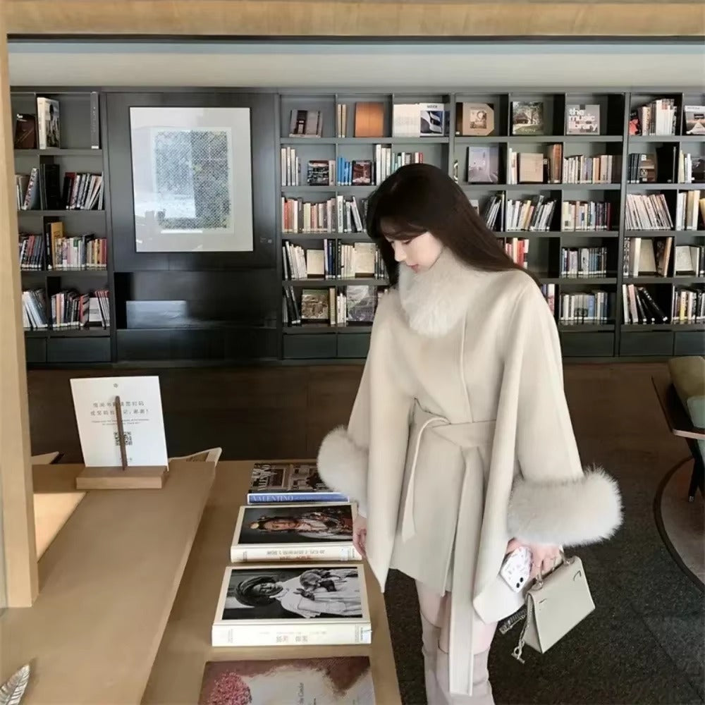 Elegant Fox Fur Collar Nine-quarter Sleeve Long Loose Belt Wool Office Lady Coat