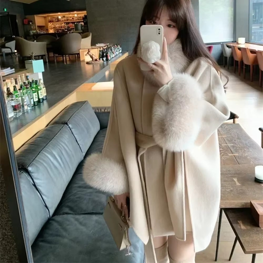 Elegant Fox Fur Collar Nine-quarter Sleeve Long Loose Belt Wool Office Lady Coat