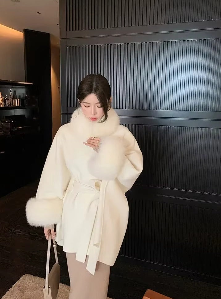 Elegant Fox Fur Collar Nine-quarter Sleeve Long Loose Belt Wool Office Lady Coat