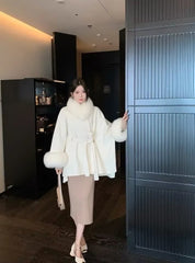 Elegant Fox Fur Collar Nine-quarter Sleeve Long Loose Belt Wool Office Lady Coat