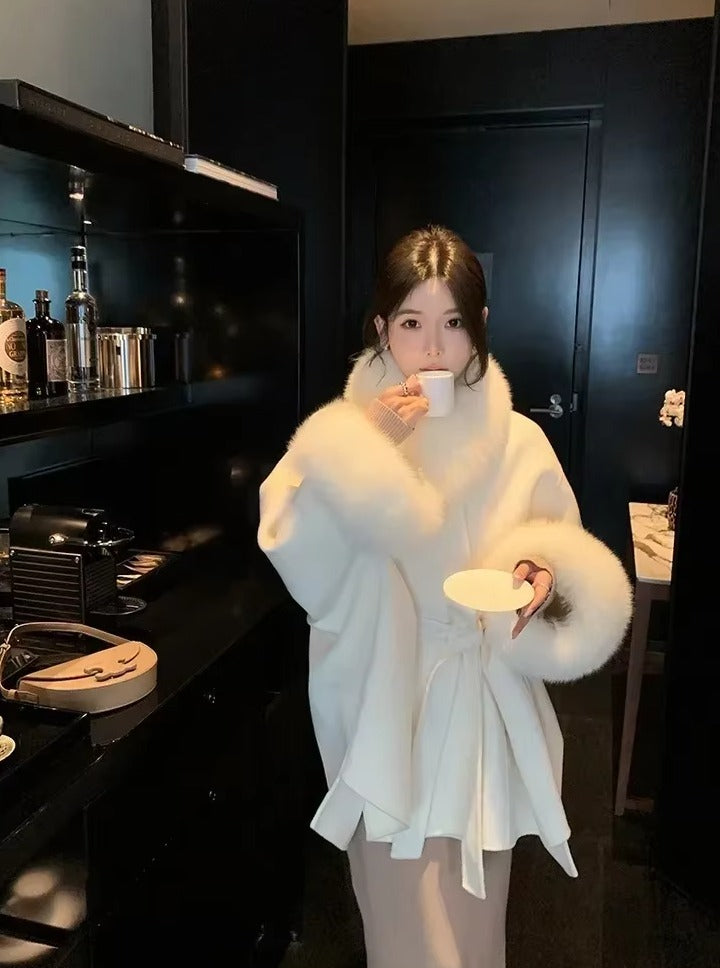 Elegant Fox Fur Collar Nine-quarter Sleeve Long Loose Belt Wool Office Lady Coat
