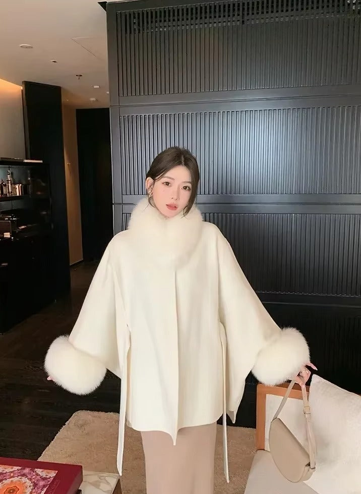 Elegant Fox Fur Collar Nine-quarter Sleeve Long Loose Belt Wool Office Lady Coat