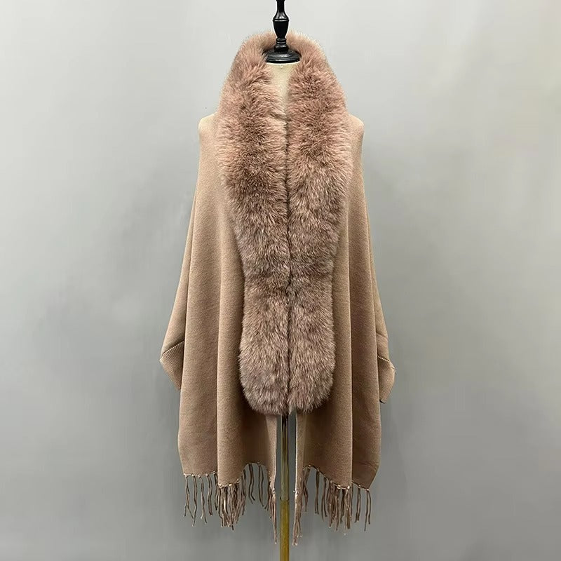 Elegant Fox Fur Collar With Tassels Shawls Knitted Street wear Poncho Capes