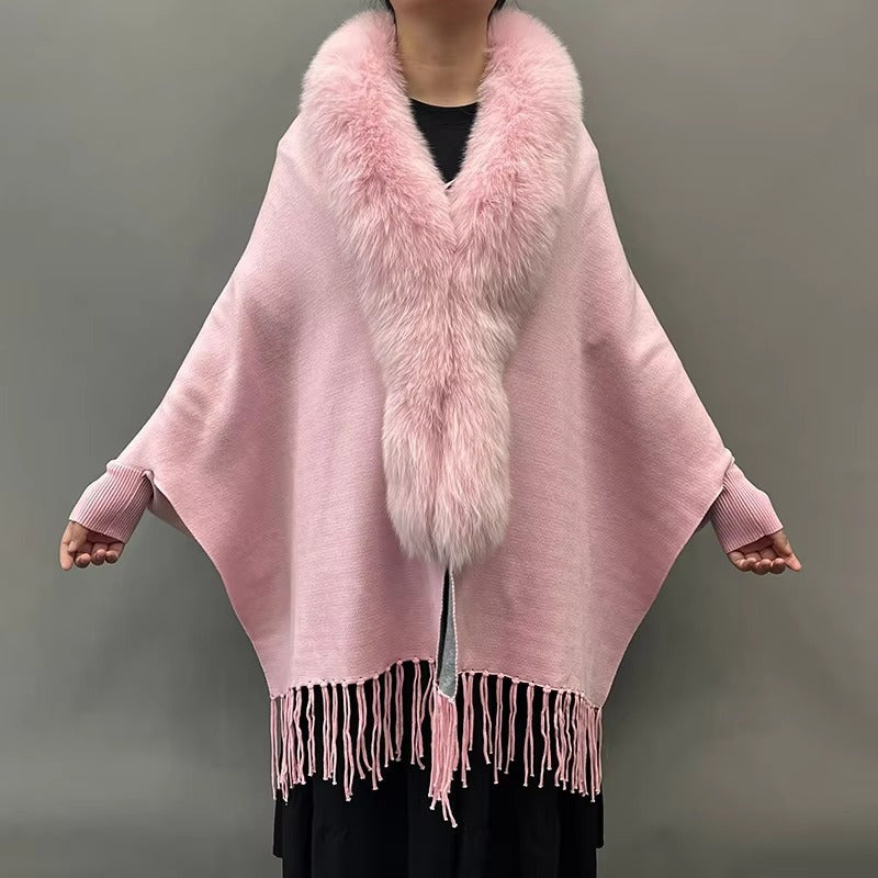 Elegant Fox Fur Collar With Tassels Shawls Knitted Street wear Poncho Capes