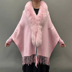 Elegant Fox Fur Collar With Tassels Shawls Knitted Street wear Poncho Capes