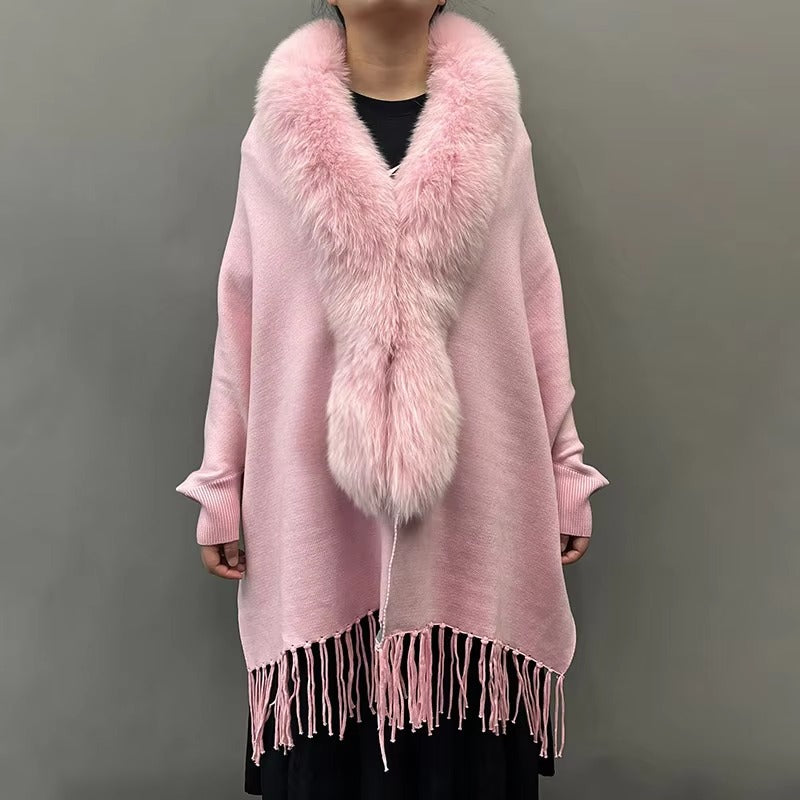 Elegant Fox Fur Collar With Tassels Shawls Knitted Street wear Poncho Capes