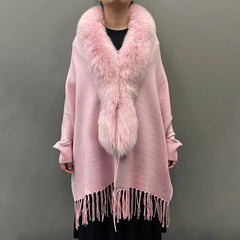 Elegant Fox Fur Collar With Tassels Shawls Knitted Street wear Poncho Capes