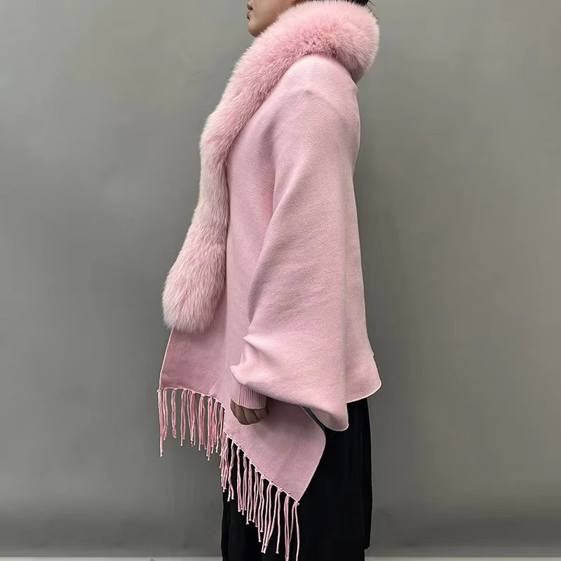 Elegant Fox Fur Collar With Tassels Shawls Knitted Street wear Poncho Capes
