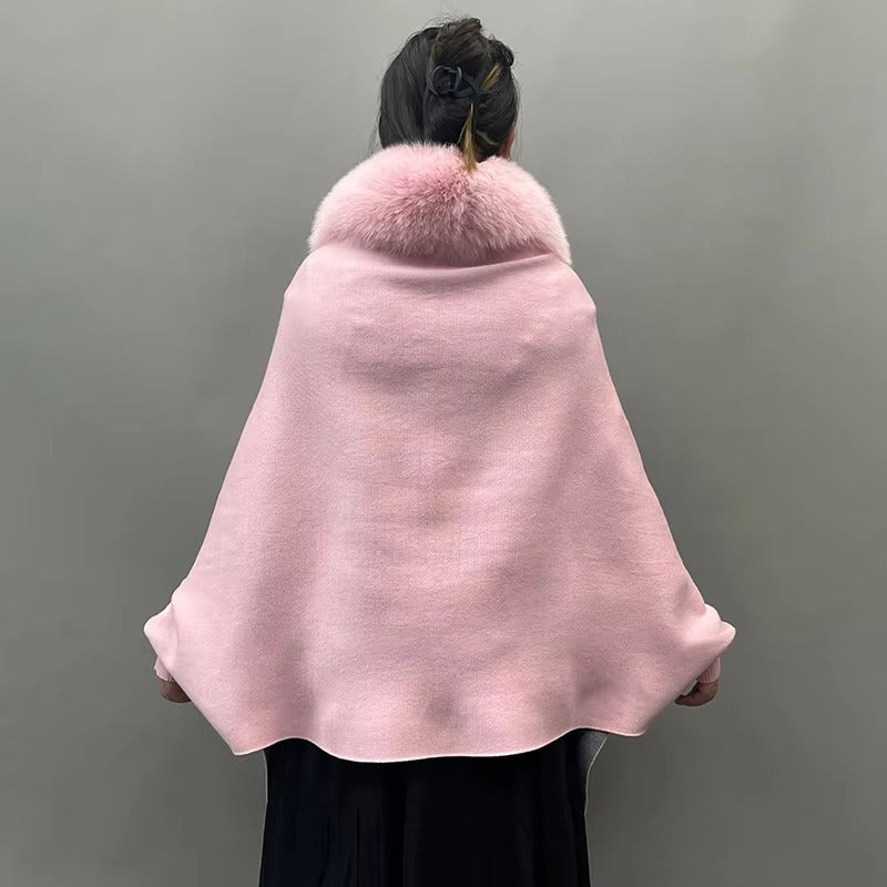 Elegant Fox Fur Collar With Tassels Shawls Knitted Street wear Poncho Capes