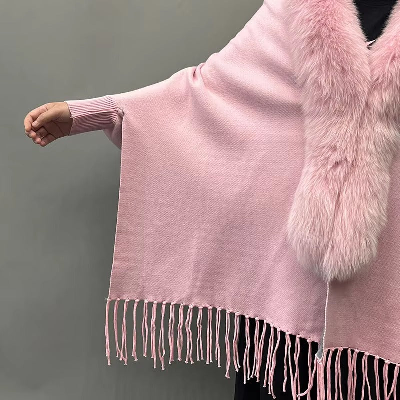 Elegant Fox Fur Collar With Tassels Shawls Knitted Street wear Poncho Capes