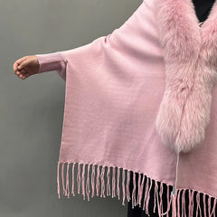 Elegant Fox Fur Collar With Tassels Shawls Knitted Street wear Poncho Capes