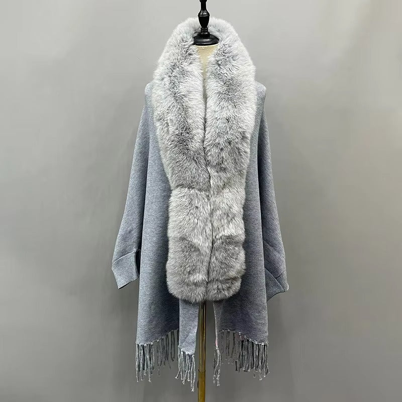 Elegant Fox Fur Collar With Tassels Shawls Knitted Street wear Poncho Capes