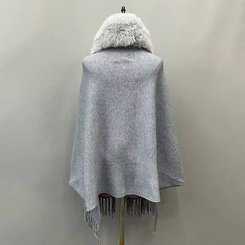 Elegant Fox Fur Collar With Tassels Shawls Knitted Street wear Poncho Capes