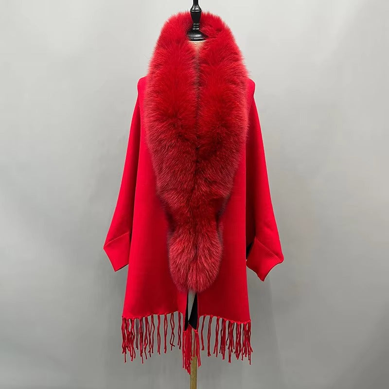 Elegant Fox Fur Collar With Tassels Shawls Knitted Street wear Poncho Capes